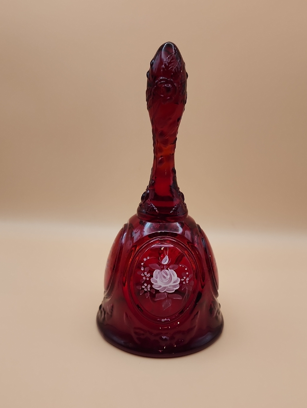 Vintage Fenton Ruby Red Bell With White Cabbage Roses Hand painted Signed 7”